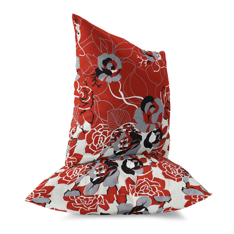 Red and Gray Floral Faux Suede Throw Pillow 16" x 16"