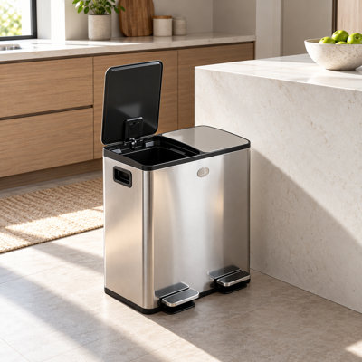Two Compartment Stainless Steel Garbage Can with Pedals and Soft-Close Lids