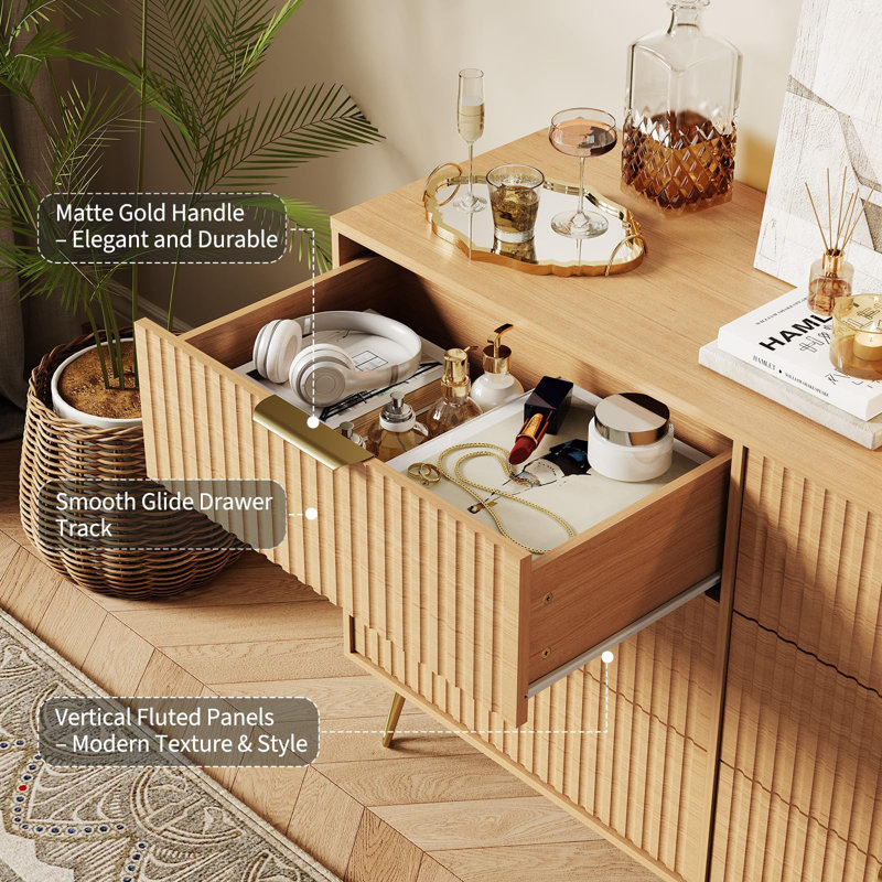Fluted 6 Dresser Drawers for Bedroom, 47" Wood Storage Dresser & TV Stand with Metal Handles, Brown