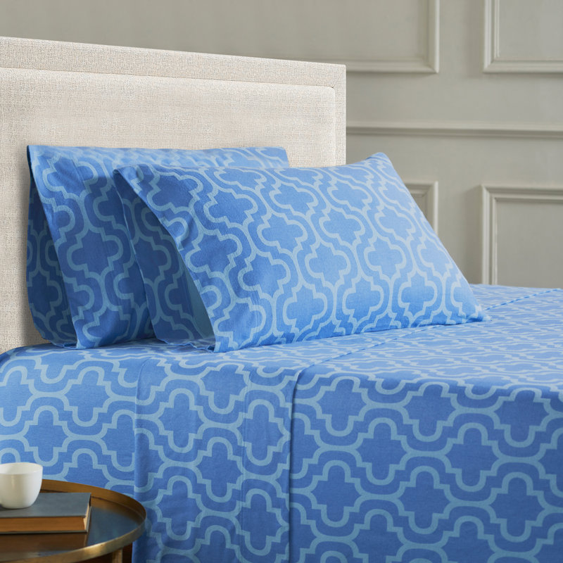 Scotia Trellis100% Cotton Flannel Sheet Set, Queen Sheet Set + Fitted Sheet + 2 Pillowcases, Light Blue Trellis