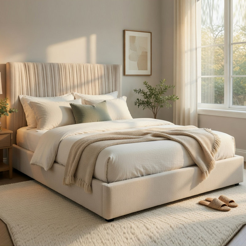 Lit plateforme Seh Queen Size, revêtement en lin beige moelleux, profil bas