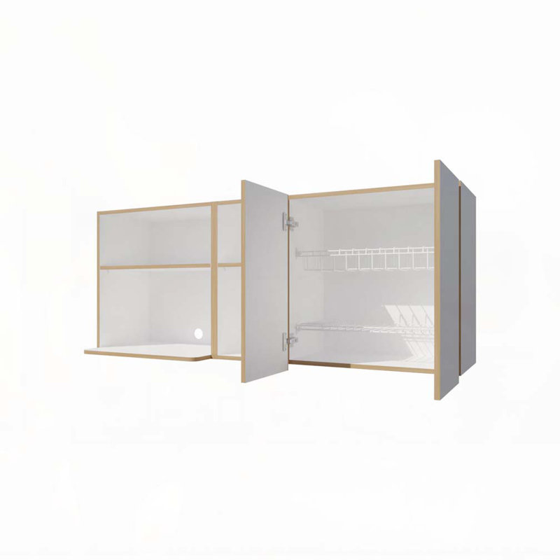 Armoire de cuisine en chêne naturel et blanc avec espace pour micro-ondes et tablette ouverte