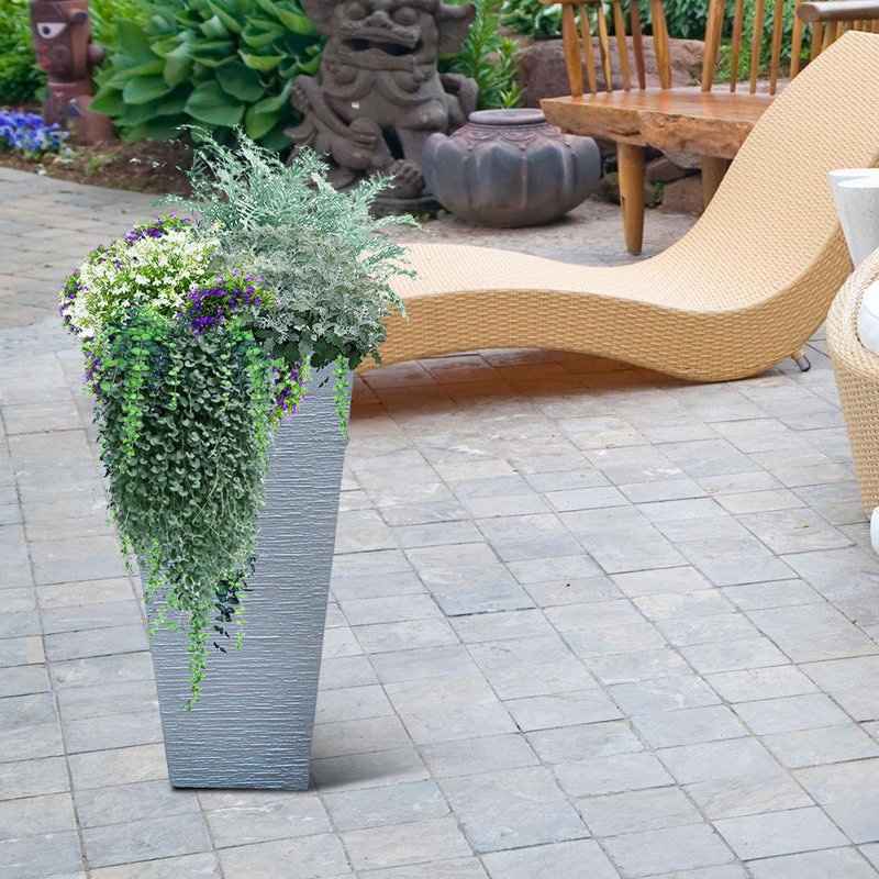 IDEALIST Ribbed Light Concrete Garden Tall Planter, Outdoor Plant Pot with Tapered Shape, 50.5cm H x 24.5cm W x 24.5cm D