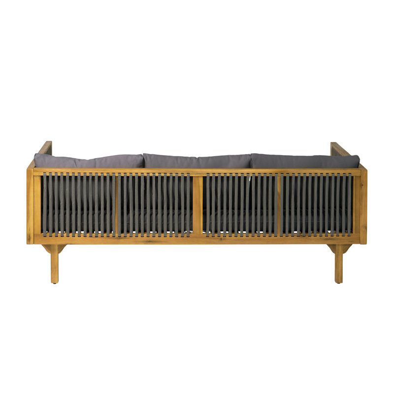 Outdoor Patio Sofa with Dark Grey Cushion & Grey rope, Acacia Wood Teak Finish, Water Repellent Fabric, DARK GREY