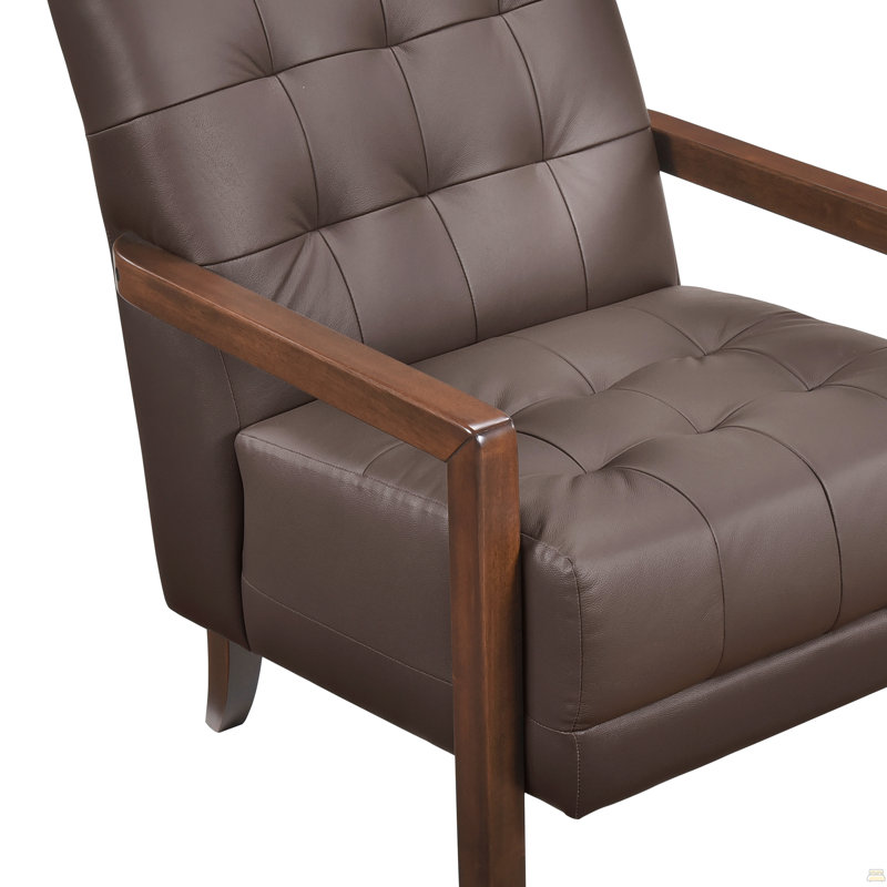 Chaise d'appoint en cuir de style moderne et capitonnée avec détails en bois et finition noyer, Marron foncé