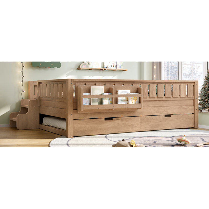 Avec tablettes intégrées et petit escalier, rails de sécurité de haute qualité et lit gigogne, Naturel, Lit double