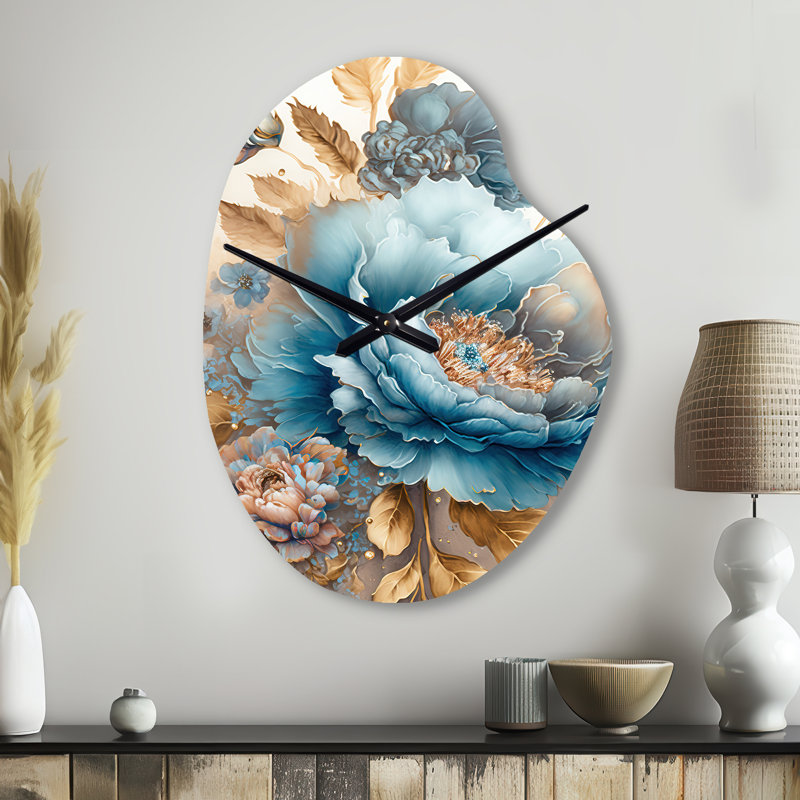 Pegues - Bouquet de fleurs mixtes bleu et or II - horloge murale asymétrique, Grand