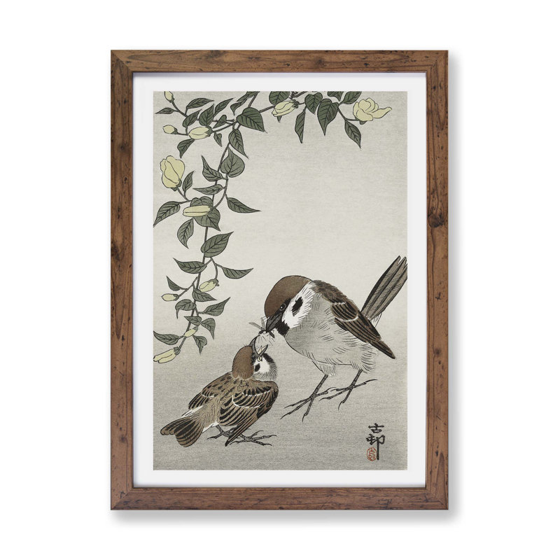 Sparrow Birds and Plants by Ohara Koson - Framed Print, Walnut, 45cm H x 63cm W x 2cm D