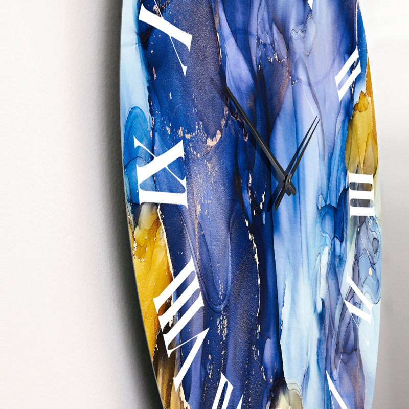 Horloge murale moderne bleue avec art abstrait fluide de luxe III, Moyen