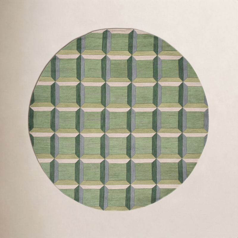 Tapis vert / beige en coton / laine touffeté à la main Giedre, Rond 3 pi