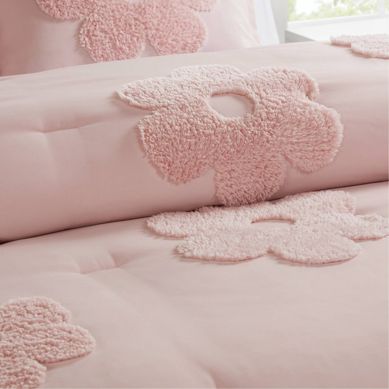 Ensemble d'édredon 3 pièces en chenille capitonnée réversible à motif floral 3 pièces avec coussin décoratif rose