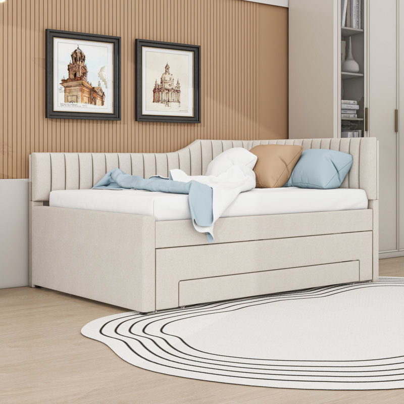 Upholstered Daybed with Trundle and Drawers, Beige, Full/Double