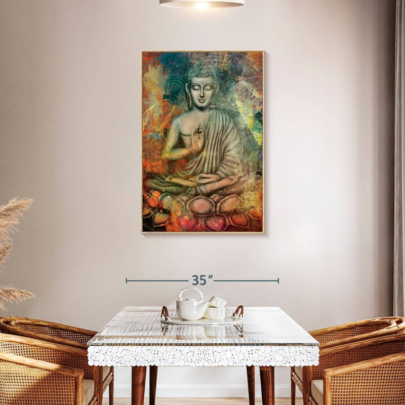 Bouddha assis en couleurs, Cadre flottant en bois naturel, 29 po x 43 po