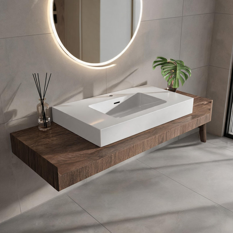 Lavabo de salle de bain intégré de 91 cm (36 po) en surface solide blanche lustrée avec trop-plein