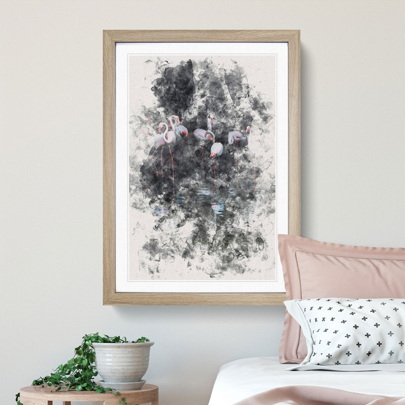 Reflection of Flamingos - Picture Frame Painting Print, 33cm H x 24cm W x 2cm D, Oak Framed