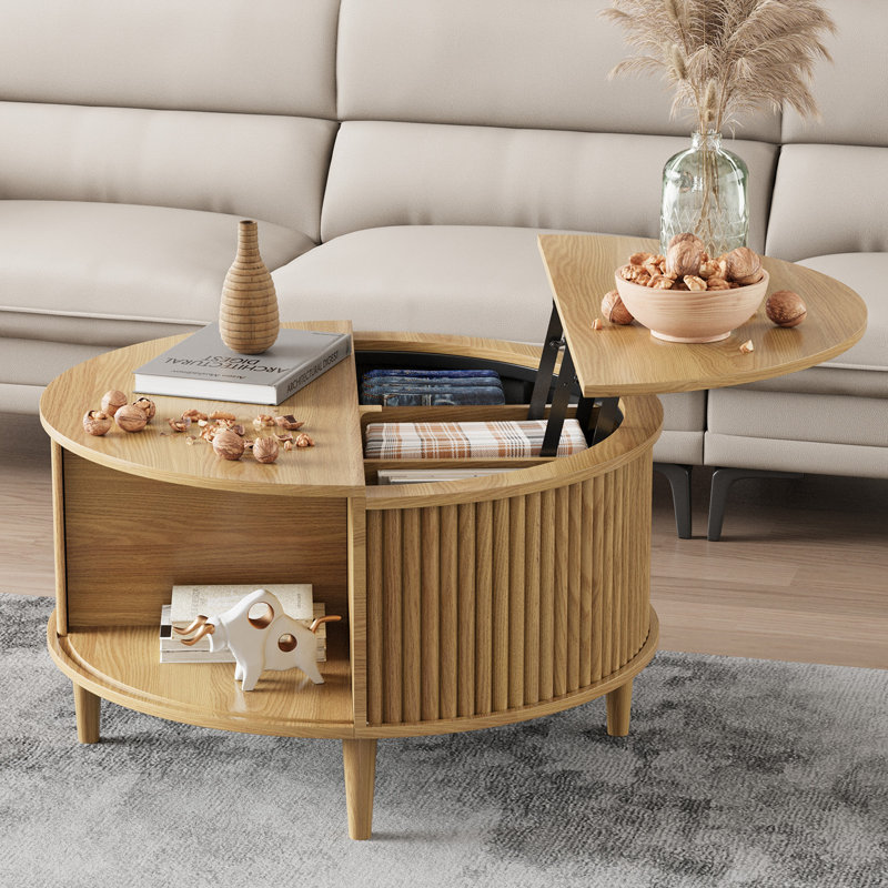 Table basse ronde avec rangement, plateau relevable cannelé, porte d'armoire coulissante, design moderne, naturel, Naturel