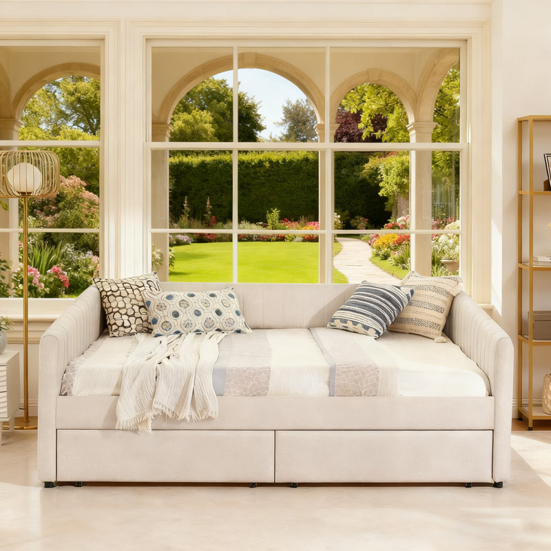 Queen Sofa Bed With 2-Drawer Trundle, Upholstered In Linen With Vertical Stripes, Beige
