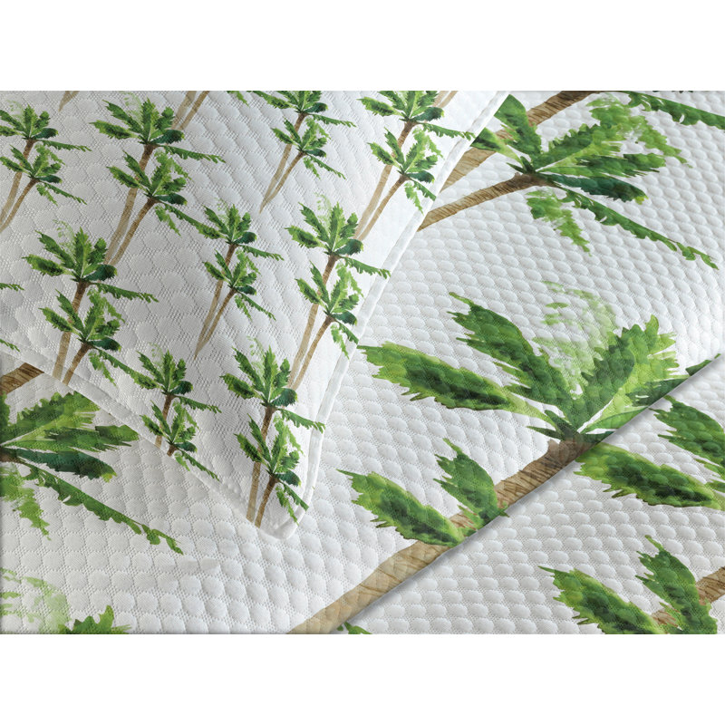 King White Quilted Bedspread Set with Palm Tree Design