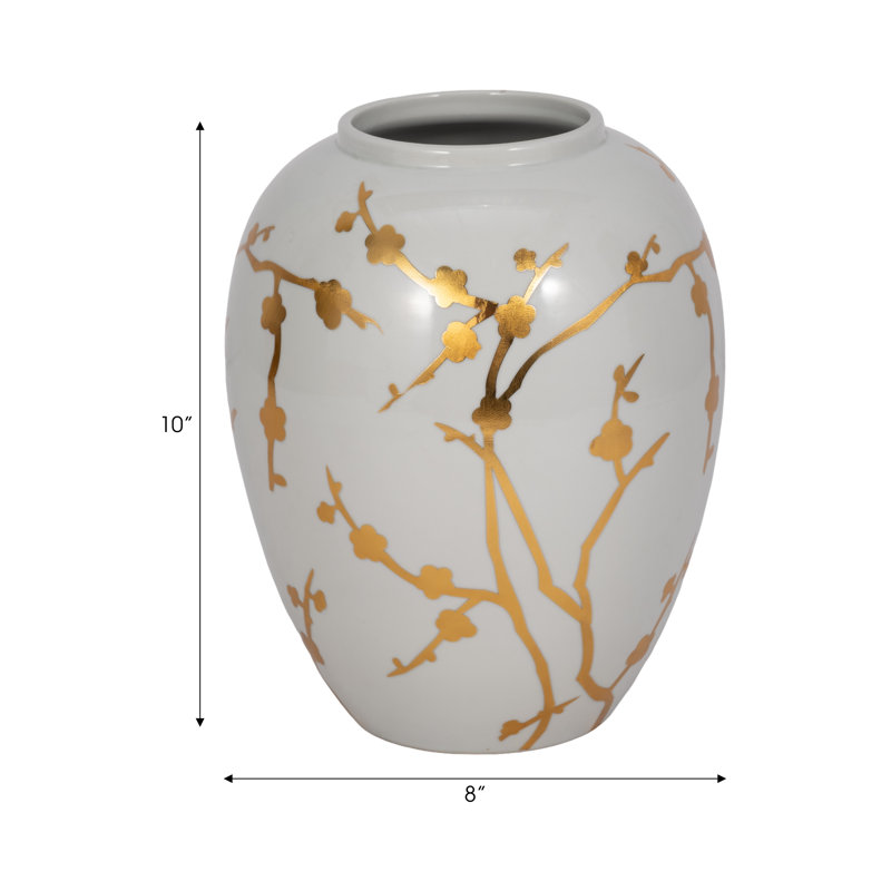 10" Gold Branches Vase, White