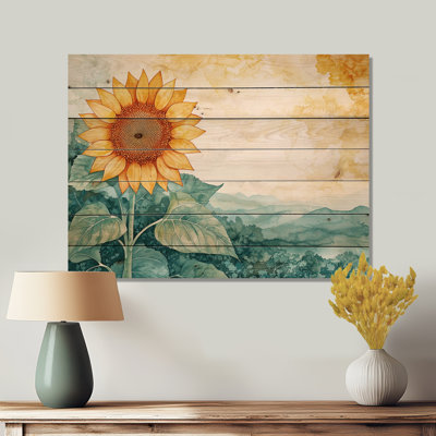 «Dancing Dream Of A Mountain Sunflower» - Art mural en bois tournesols sur bois de pin naturel