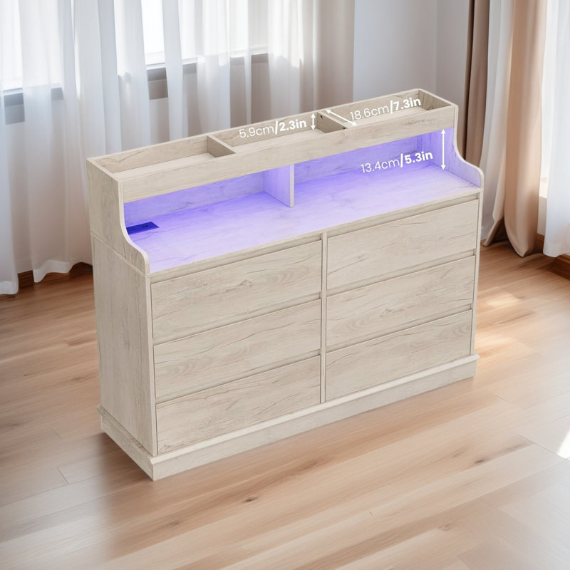 Dresser For Bedroom, 6 Drawer Dresser With Led Lights And Charging Station, Oak
