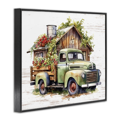 «Rustic Pickup with Greenery», art de la giclée encadrée par lettré et doublé