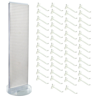 White Two-sided Pegboard Floor Display On Revolving Studio Base With (50) 6" White Hooks
