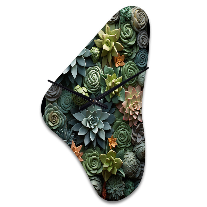 Green Succulents Natures Sculptures - Grande sculpture d'horloge murale verte en forme de Boomerang, Grand