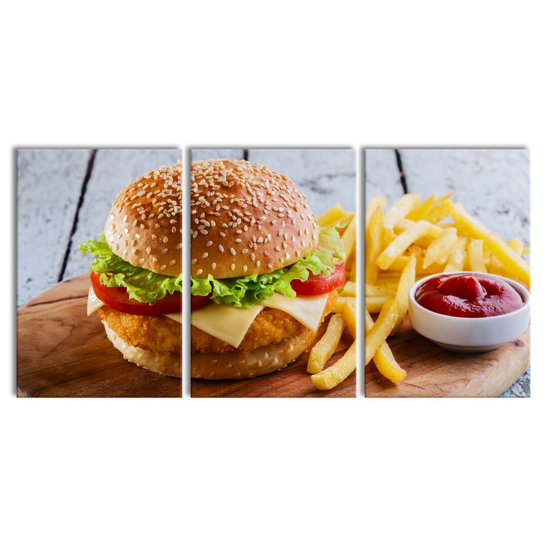 3-tlg. Leinwandbilder-Set Chickenburger Pommes