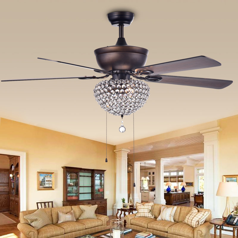 Ventilateur de plafond en cristal à 5 pales de 52 po avec ensemble d'éclairage inclus, Bronze antique, Chaînettes