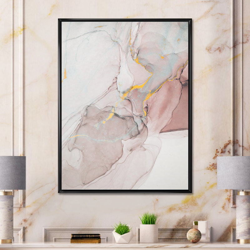 Gris et rose marbré art ondulations - décoration murale moderne en toile, L 8 po x H 12 po, Toile à cadre flottant noir