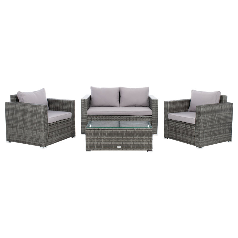 Ensemble de conversation en rotin avec coussins 4 pièces Hardesty, Cadre gris / coussin gris