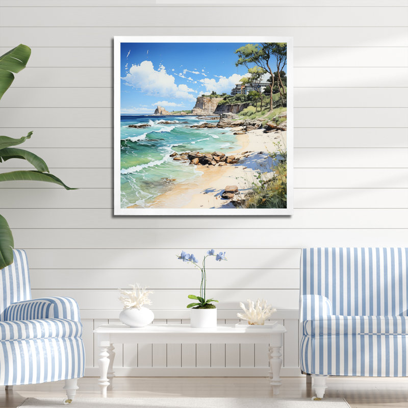 Plage contrastante pointillisme I, H 16 po x l 16 po x P 1 po, Cadre simple blanc