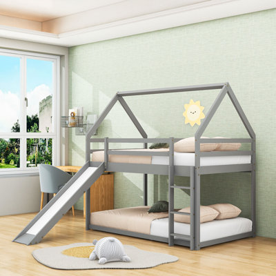 Wood Twin Over Twin House-Shaped Bunk Bed With Slide,  Ladder And Guardrails, Reversible Design