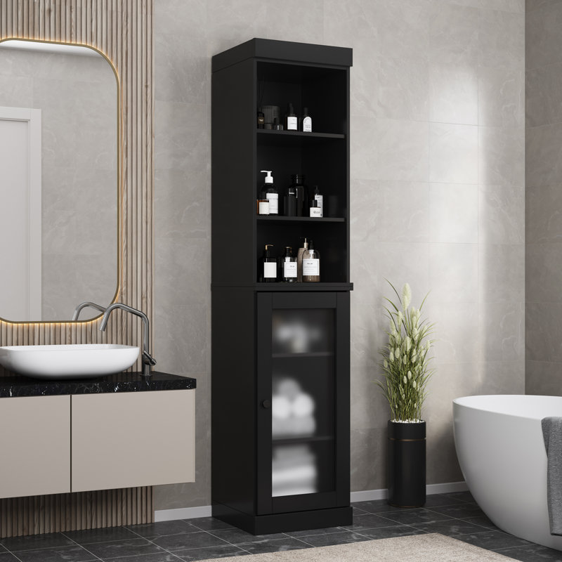 Armoire de rangement 100% bois massif 16,5 po avec portes en verre givré et tablettes réglables, Noir