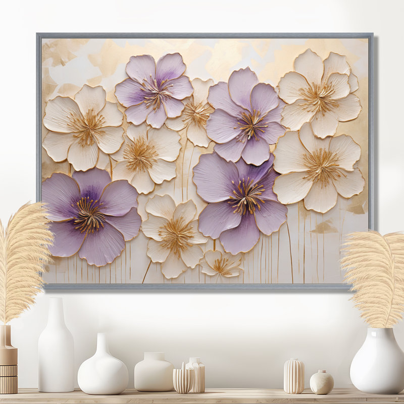 Mauve et or sur fond orné de violettes, "Violettes Meadow II", 24" H x 32" W, Silver Floater Framed