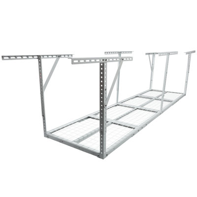 3x8 ft Overhead Garage Storage Rack, 96 x 36 x 38.6 inch Steel Heavy Duty Ceiling Storage Rack, Single Piece, White with Adjustable Height Frame