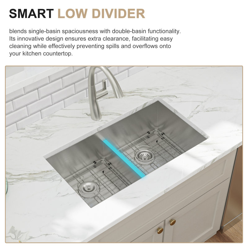 36" L x 19" W Stainless Steel Undermount 50/50 Double Bowl Kitchen Sink with Low Divider, Sink Grid, Strainer & Roll-Up Rack