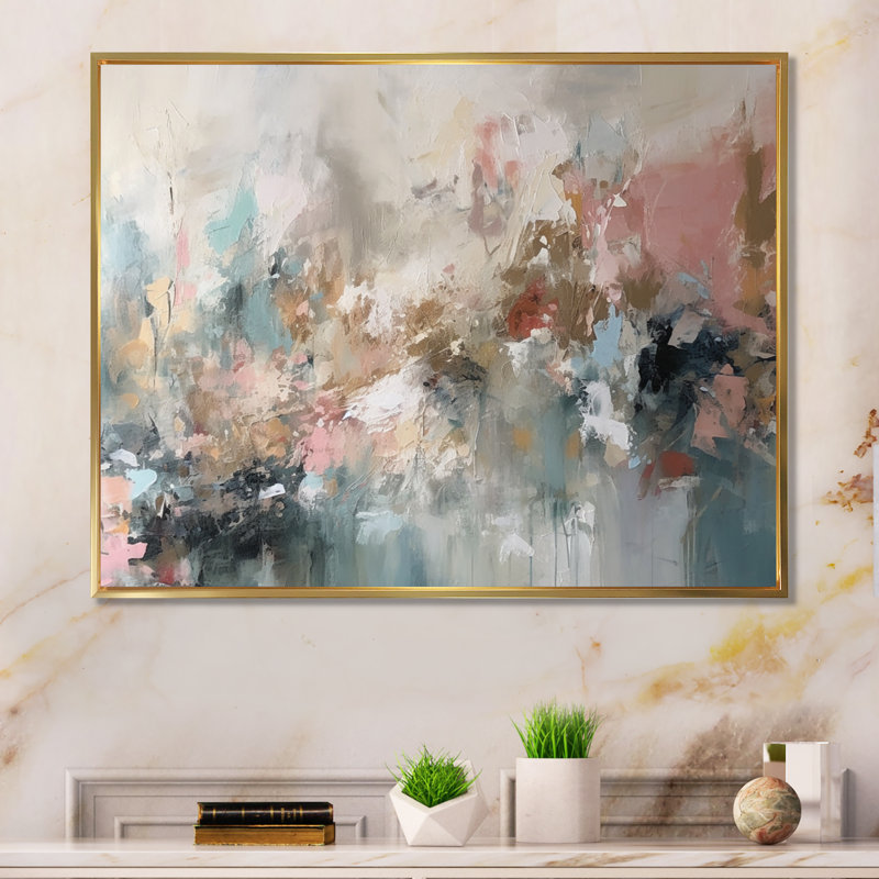 "Brushstroke", peinture abstraite I, H 30 po x l 40 po, Reproduction avec cadre flottant, Doré
