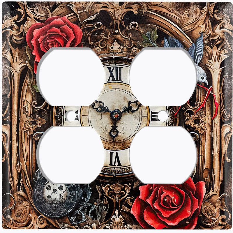 Couvercle de plaque d'interrupteur en métal; Horloge traditionnelle US 2 bandes, #9 Double Duplex Outlet