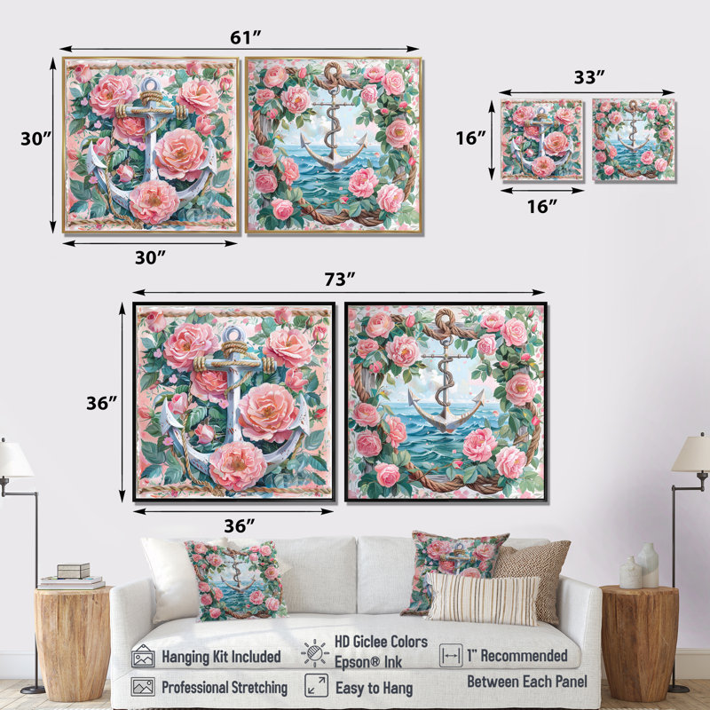 Ensemble de décorations murales nautiques roses et vertes, ancre rétro, collage I - art mural côtier, H 16 po x l 33 po