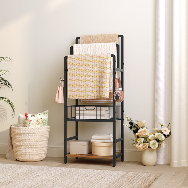 Porte-serviettes autoportant avec 3 tiges de suspension, panier de rangement et tablette, porte-serviettes avec crochet