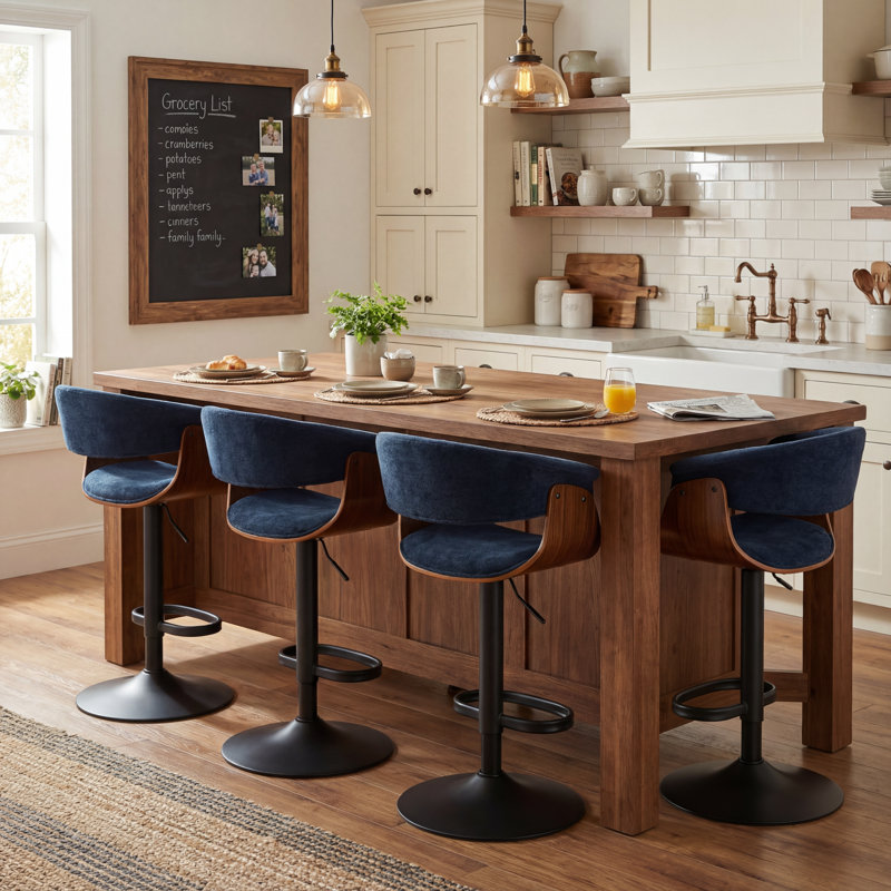 Adjustable Height Bar Stools With Fabric Seat Swivel Stool With Backrest For Kitchen Island, Bar, Home Pub​​, Blue, 4