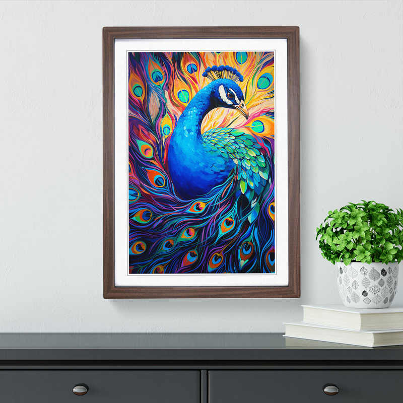 Peacock Expressionism - Single Picture Frame Print on Wood, 64cm H x 46cm W x 2cm D, Walnut Framed
