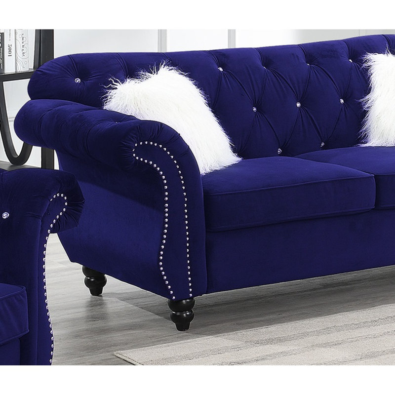 Ensemble de canapé 2 pièces Meuble de salon en velours indigo rembourré Causeuse en cristal