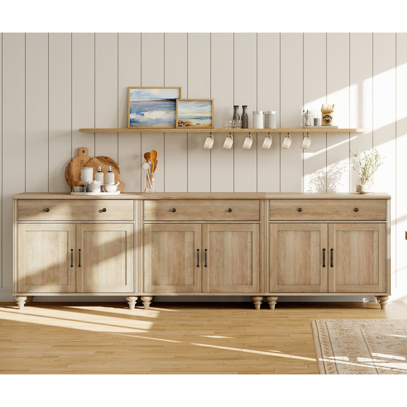 Buffet Cabinet With 6 Doors And 3 Drawers, Large Modern Coffee Bar Table Wood Kitchen Storage Cabinets, Farmhouse Sideboard Credenza For Dining Room, Oak, 101"
