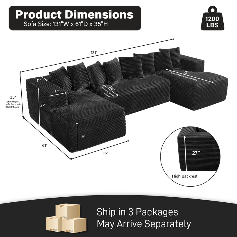 Adame Boneless Compression Sectional Oversized Sofa Couch With Pillows, Black Corduroy, U-Shaped, Reversible