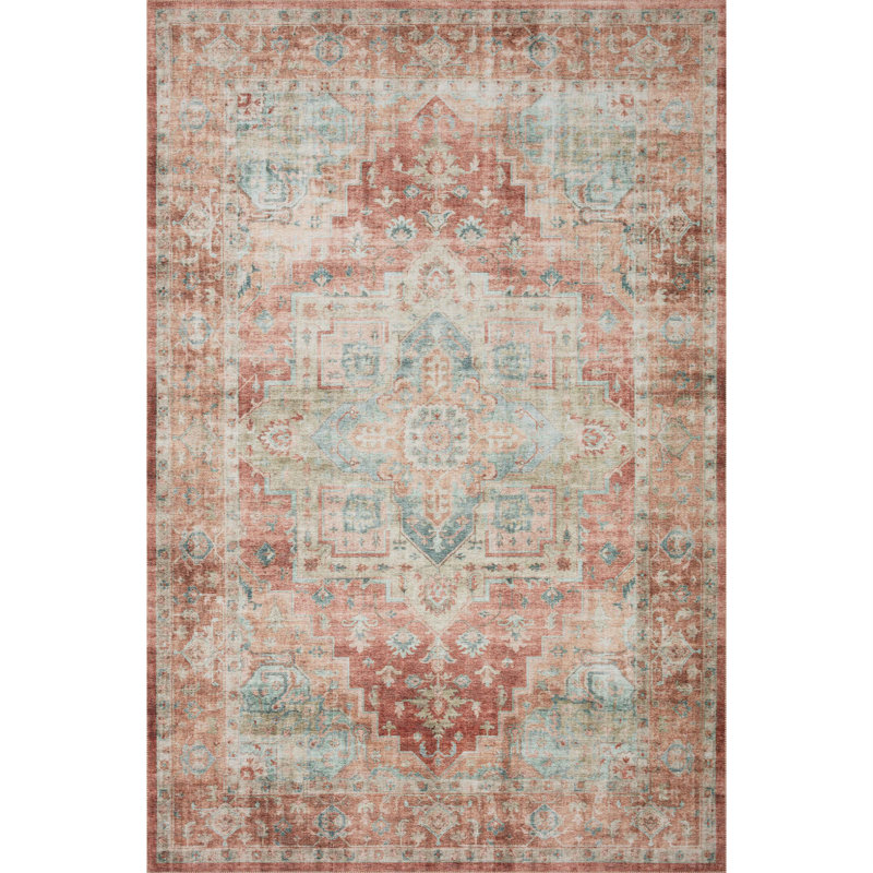 Tapis terre cuite / turquoise Jujhar, Tapis de couloir 2 pi 6 po x 9 pi 6 po