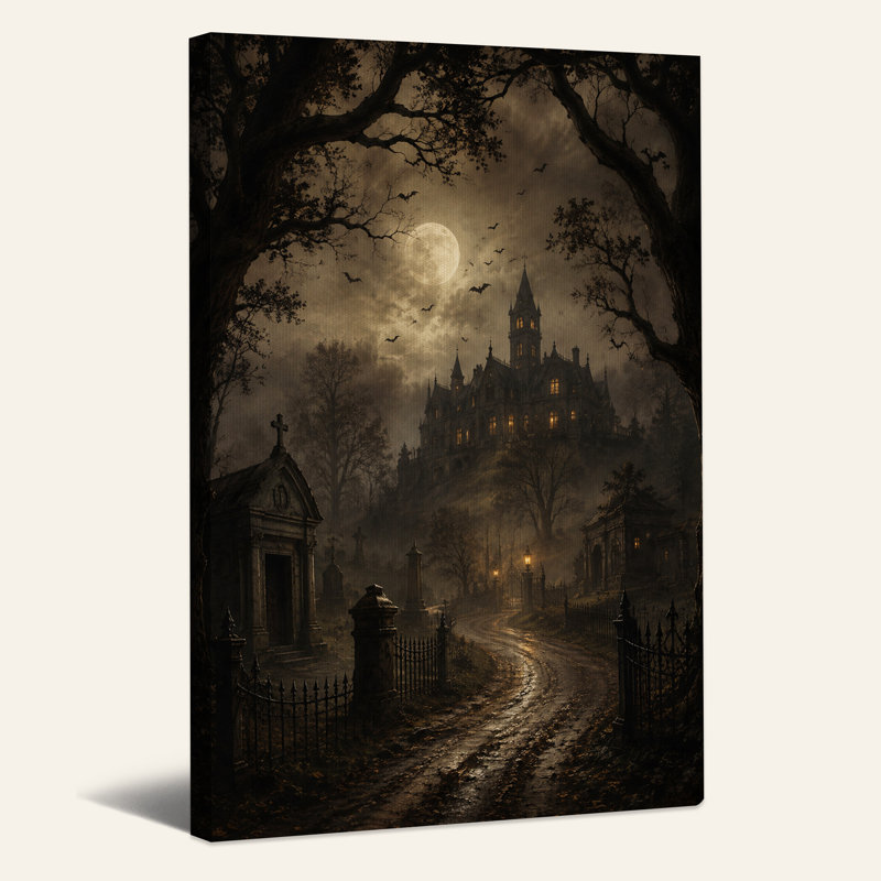 Impression sur toile, "Gothic Castle on Hill Under Full Moon With Bats", H 18 po x l 12 po