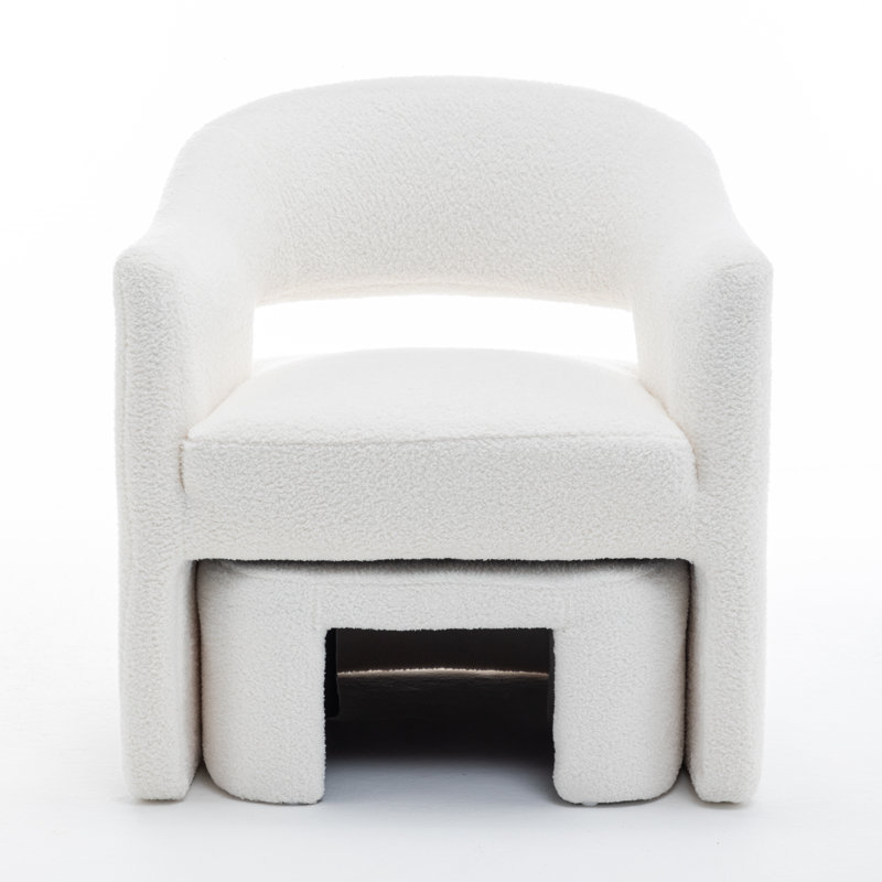 Torrence Upholstered Barrel Chair With Ottoman, White Faux Fur